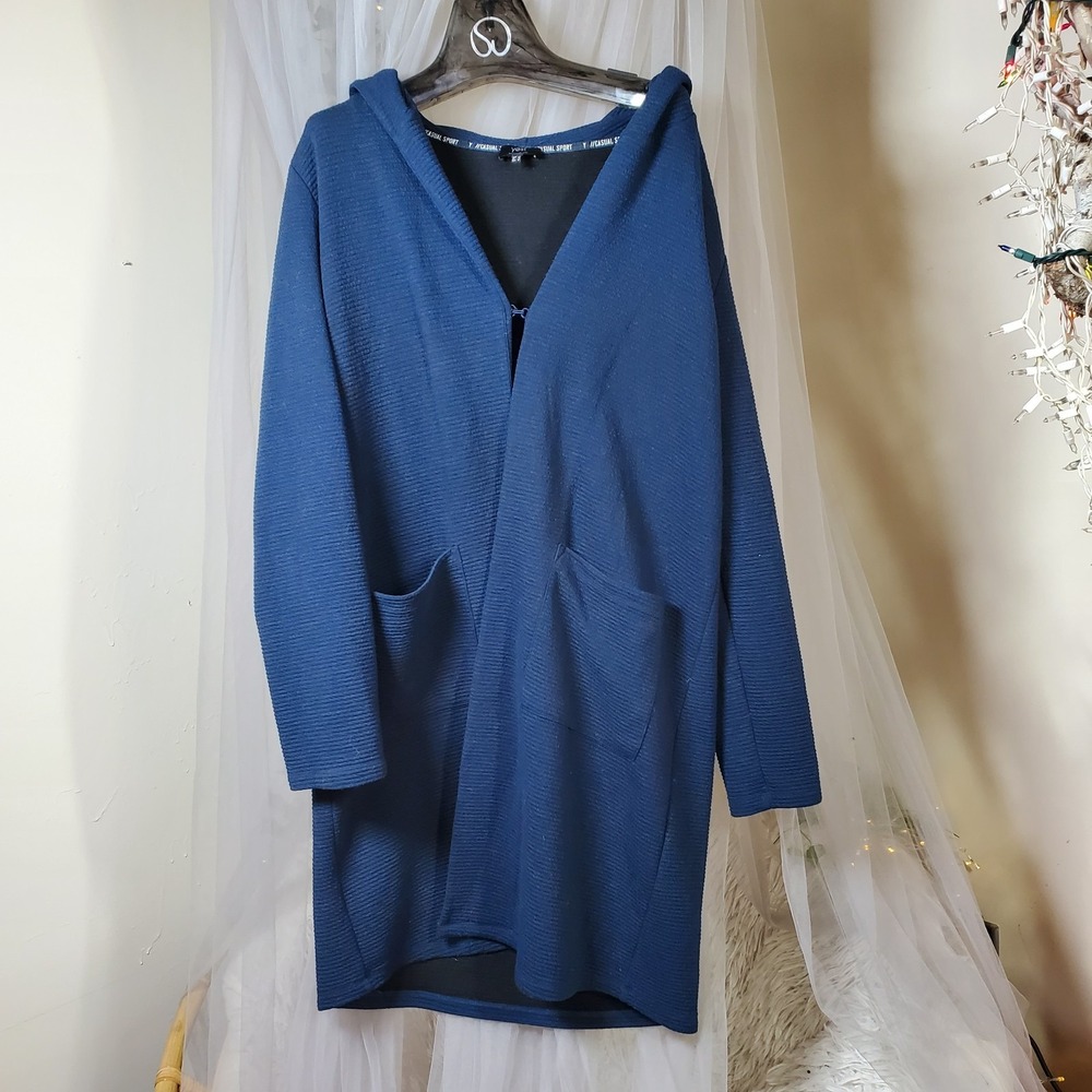 Yest Long Soft Cardigan Hooded Pockets Blue Casual Lounge wear Size 12 Cozy